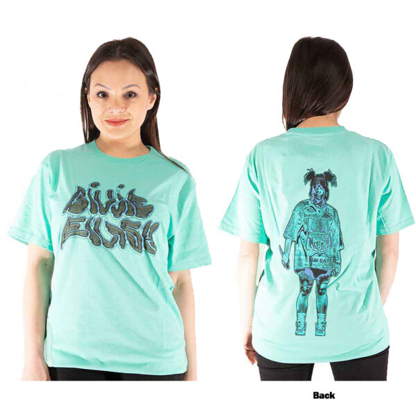 Billie Eilish Unisex T-Shirt: Neon Logo Billie (Blue) (Back Print)
